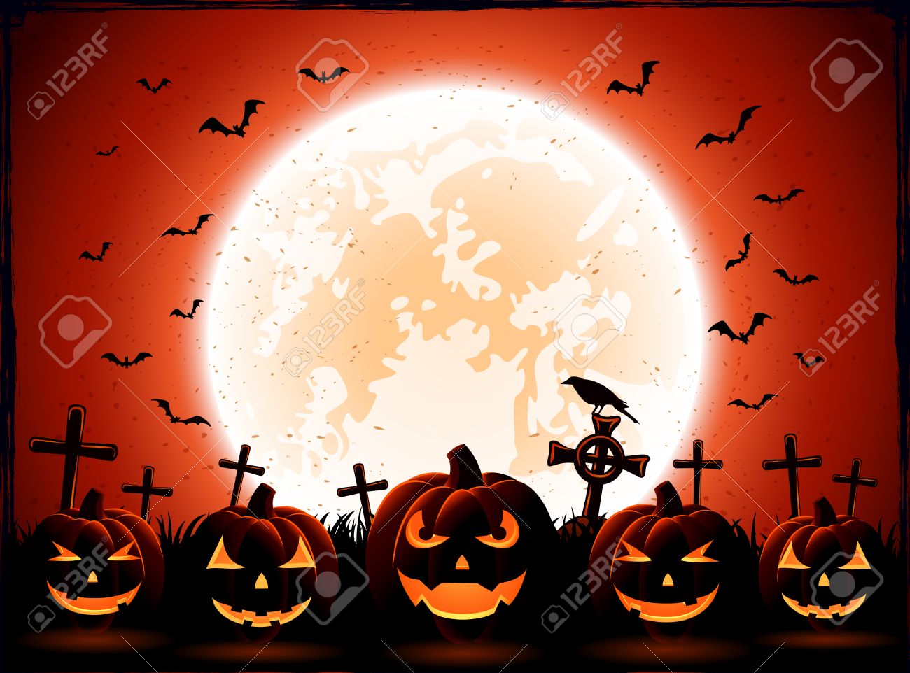 月と墓地の背景イラストにカボチャのハロウィーンの夜 のイラスト素材 ベクタ Image