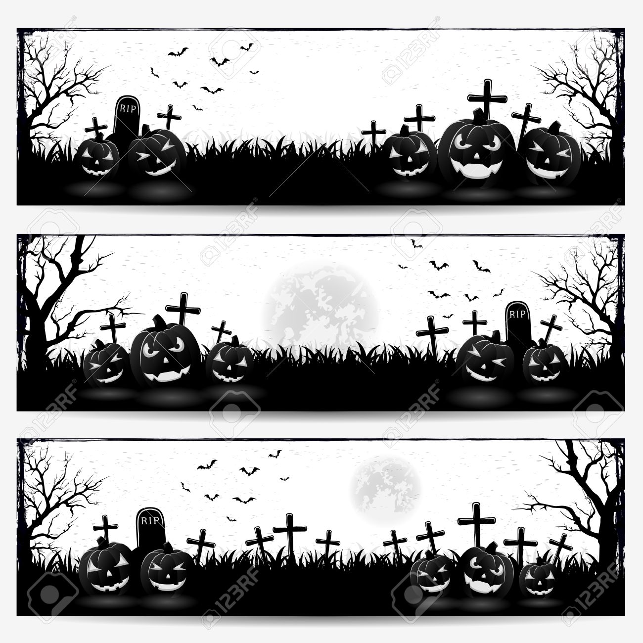 Bannieres Halloween Noir Et Blanc Avec Des Citrouilles Sur Le Cimetiere Illustration Clip Art Libres De Droits Vecteurs Et Illustration Image