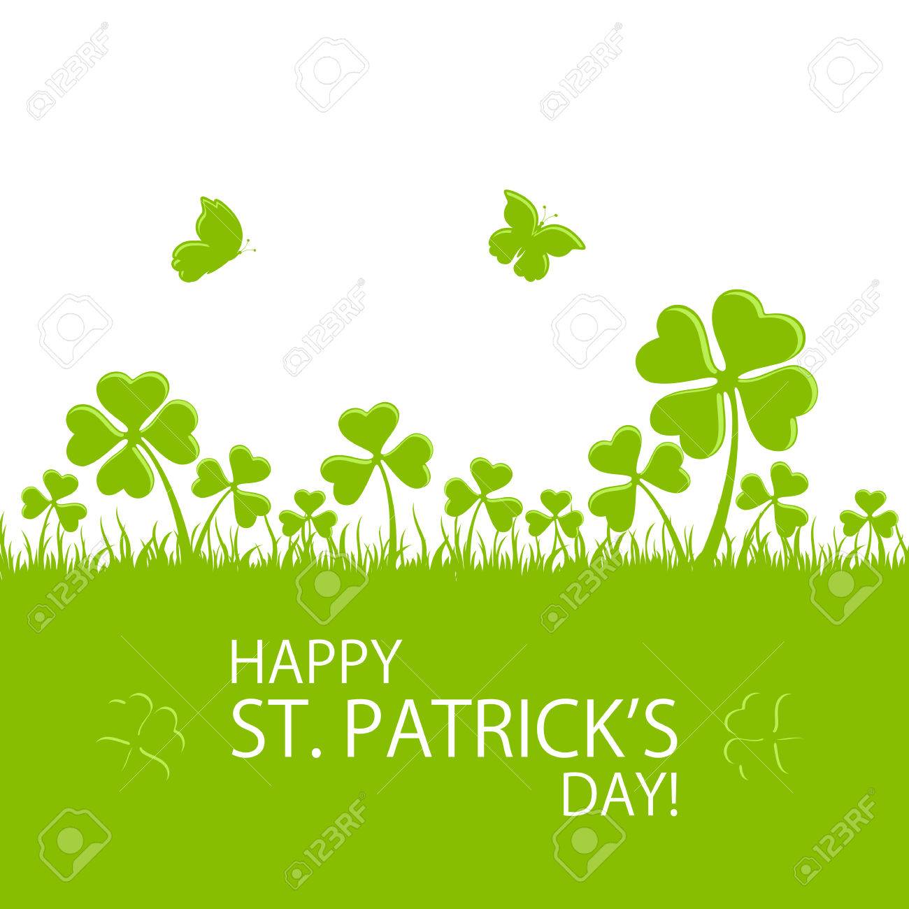 St. Patrick's Day green background with clovers in grass and flying butterfly, illustration. - 53289169 St. Patrick's Day green background with clovers in grass and flying butterfly, illustration. - 53289169
