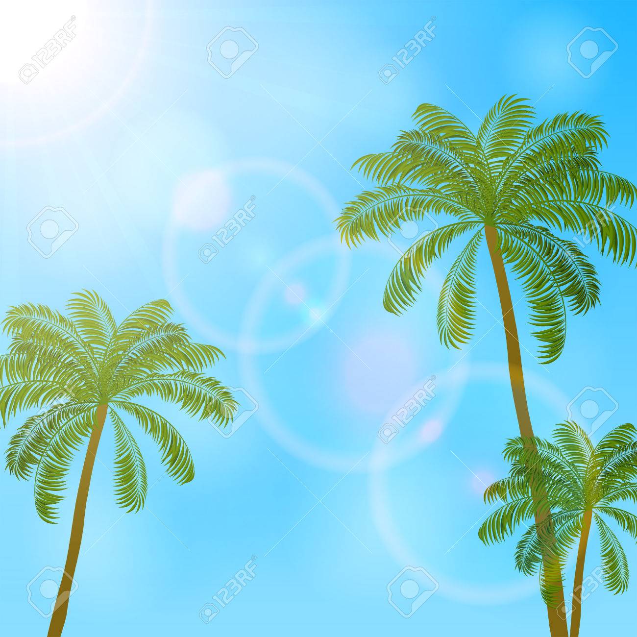 Palm Trees And Bright Sun On Blue Sky Background Illustration Royalty Free Cliparts Vectors And Stock Illustration Image 58021237