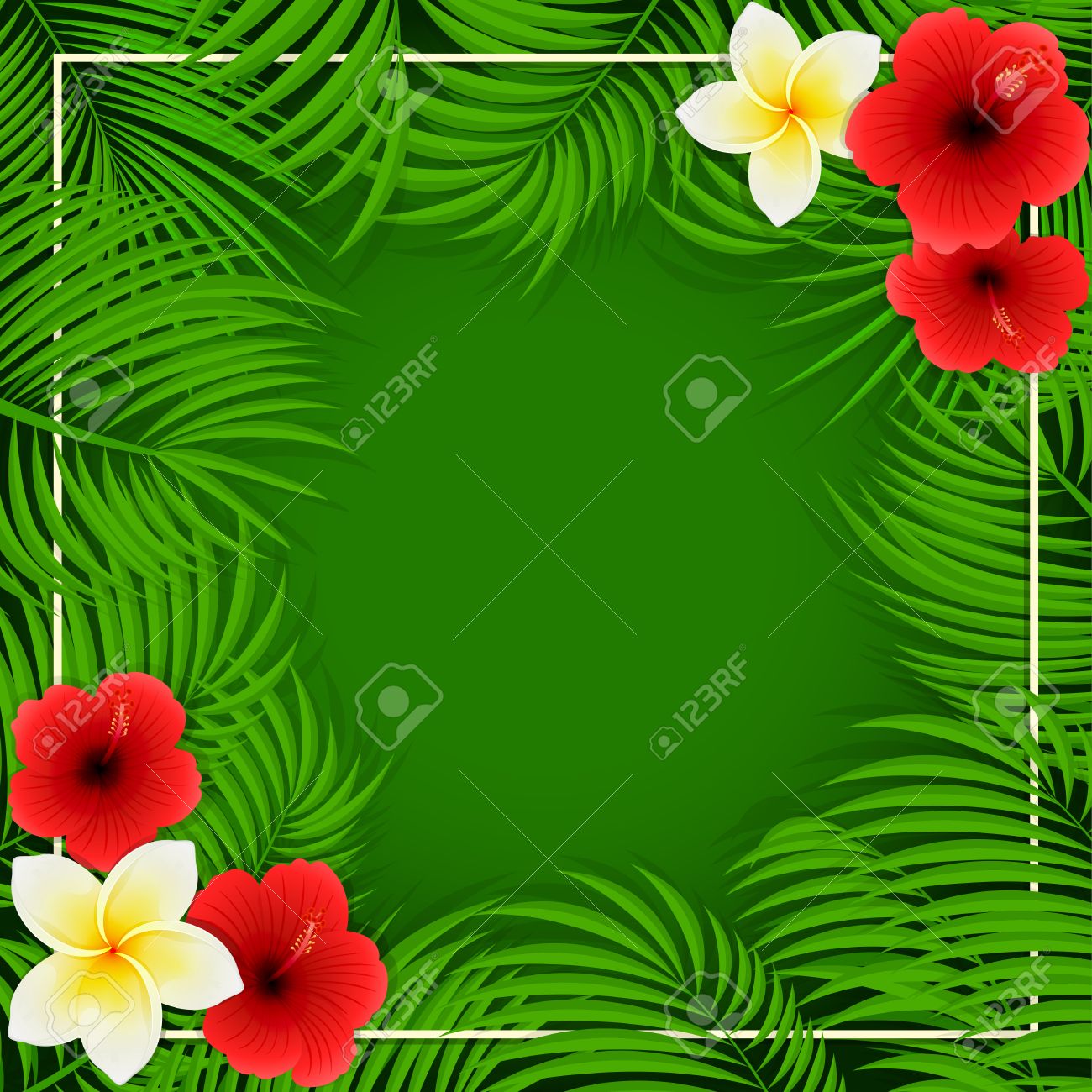 summer background with palm leaves and hawaiian flowers frangipani