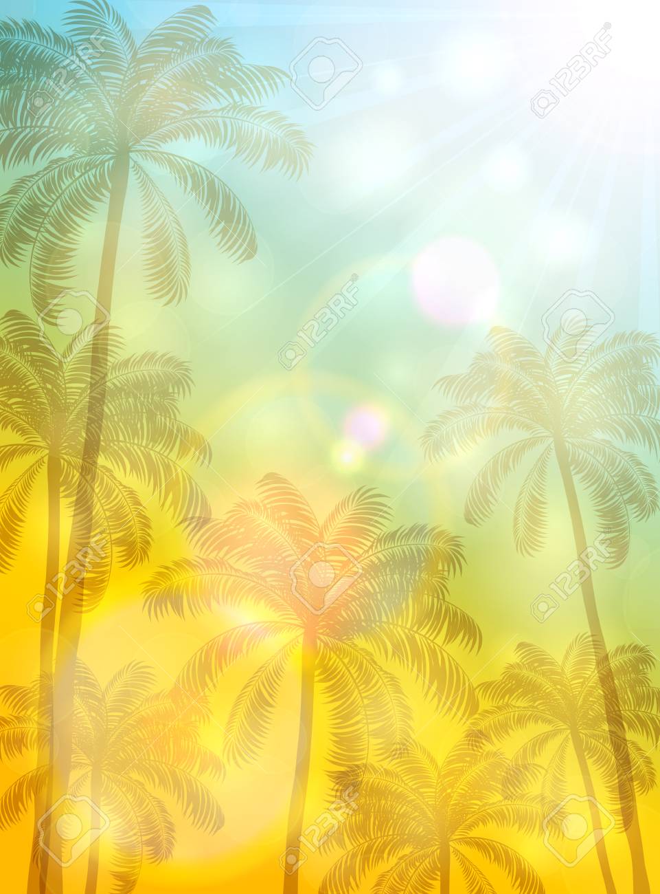 summer theme with palm trees and bright sun on yellow and blue