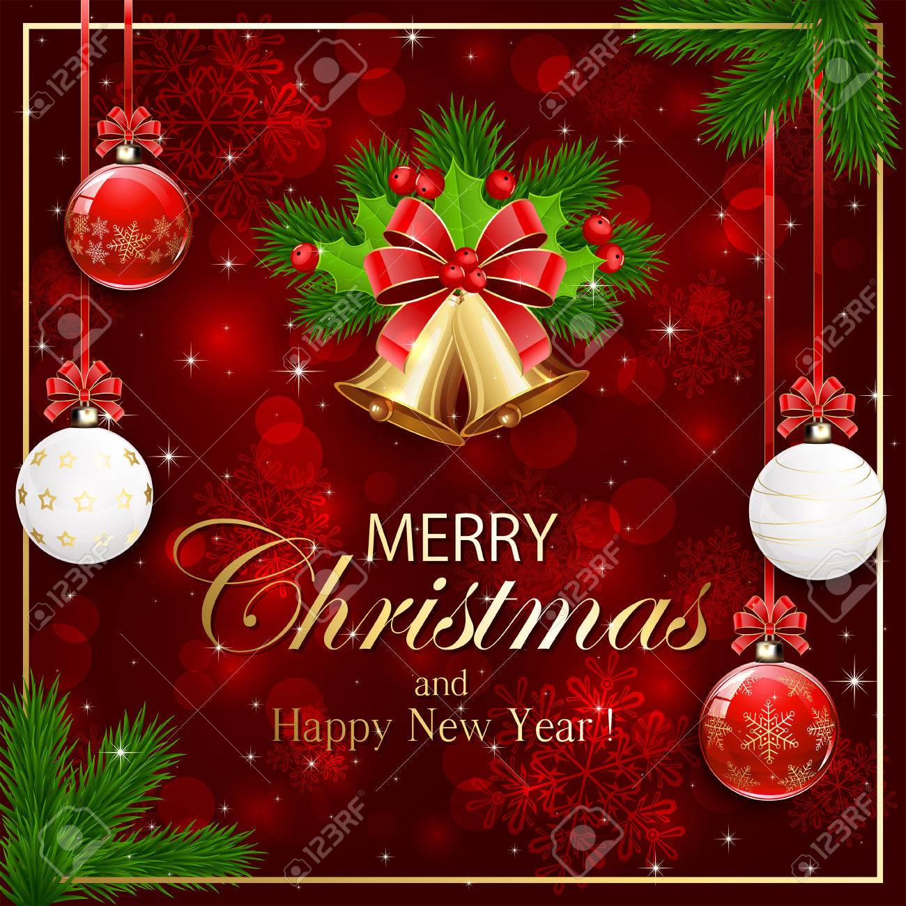 クリスマス テーマ 赤い輝き背景雪 クリスマス ボール 金の鈴 赤の弓とモミの木の枝の図 のイラスト素材 ベクタ Image