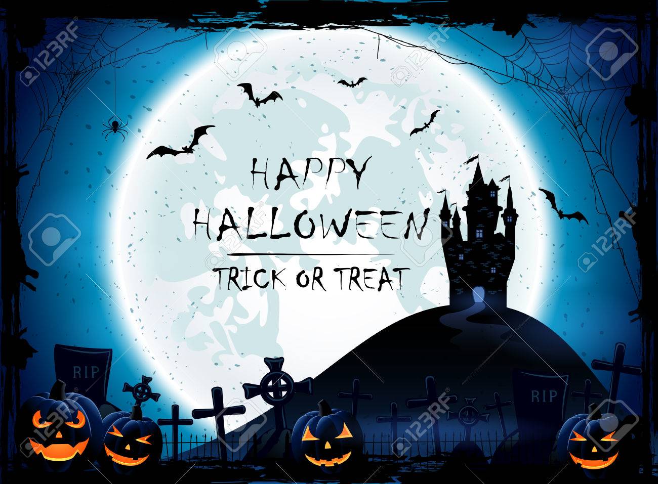 ハロウィンのカボチャと満月 イラストの墓地 青い夜背景に古いお城 のイラスト素材 ベクタ Image ハロウィンのカボチャと満月 イラストの墓地 青い夜背景に古いお城 のイラスト素材 ベクタ Image