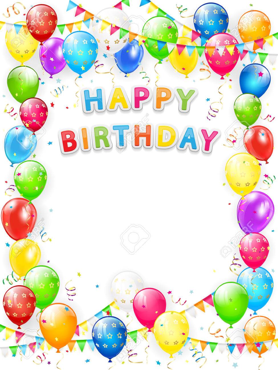 Lettrage Joyeux Anniversaire Cadre De Voler Des Ballons Colores Des Fanions Multicolores Des Banderoles Et Des Confettis Sur Fond Blanc Illustration Clip Art Libres De Droits Vecteurs Et Illustration Image 7773