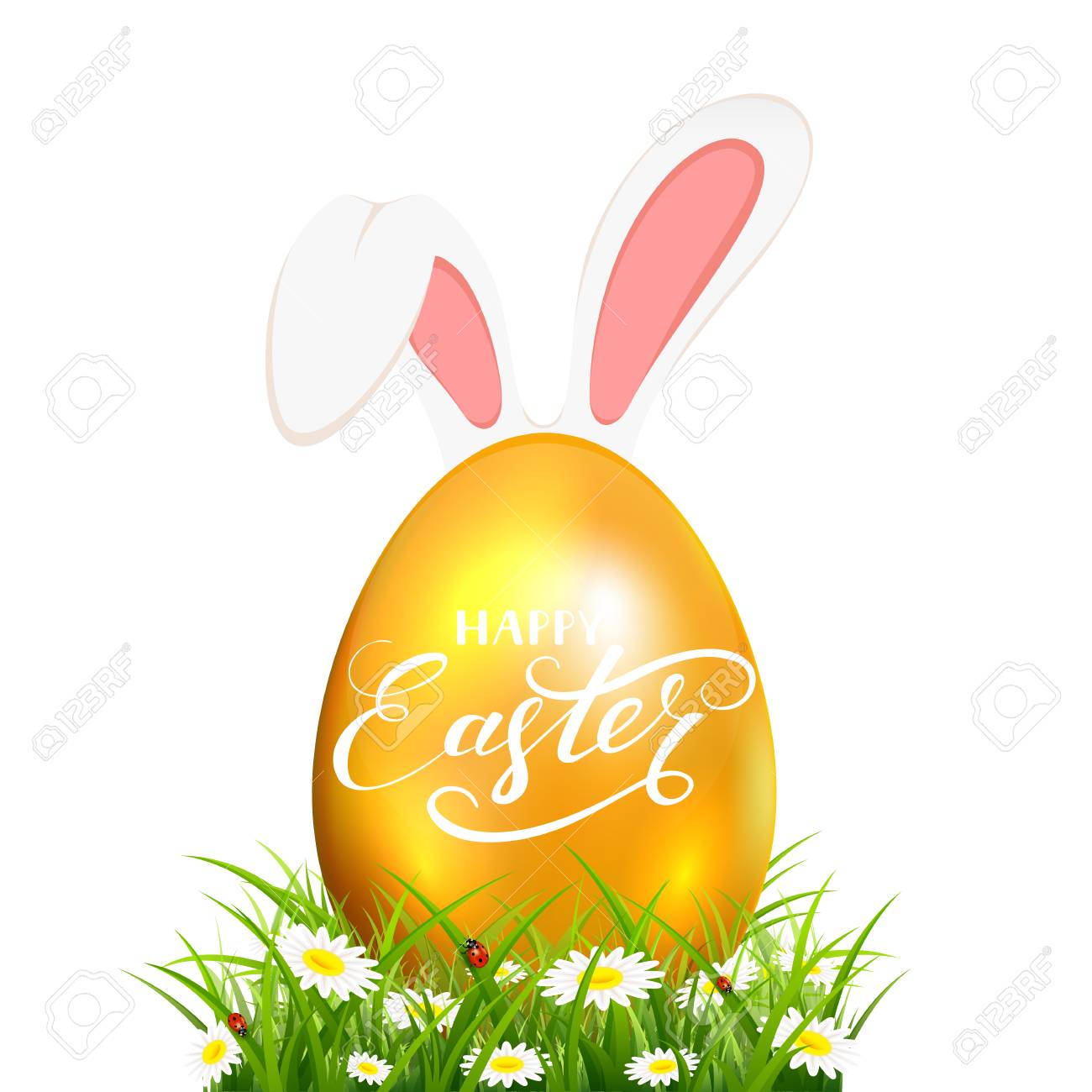 ウサギの耳と白い背景に花を持つ草の中でハッピーイースターをレタリングゴールデンイースターエッグ イラスト のイラスト素材 ベクタ Image