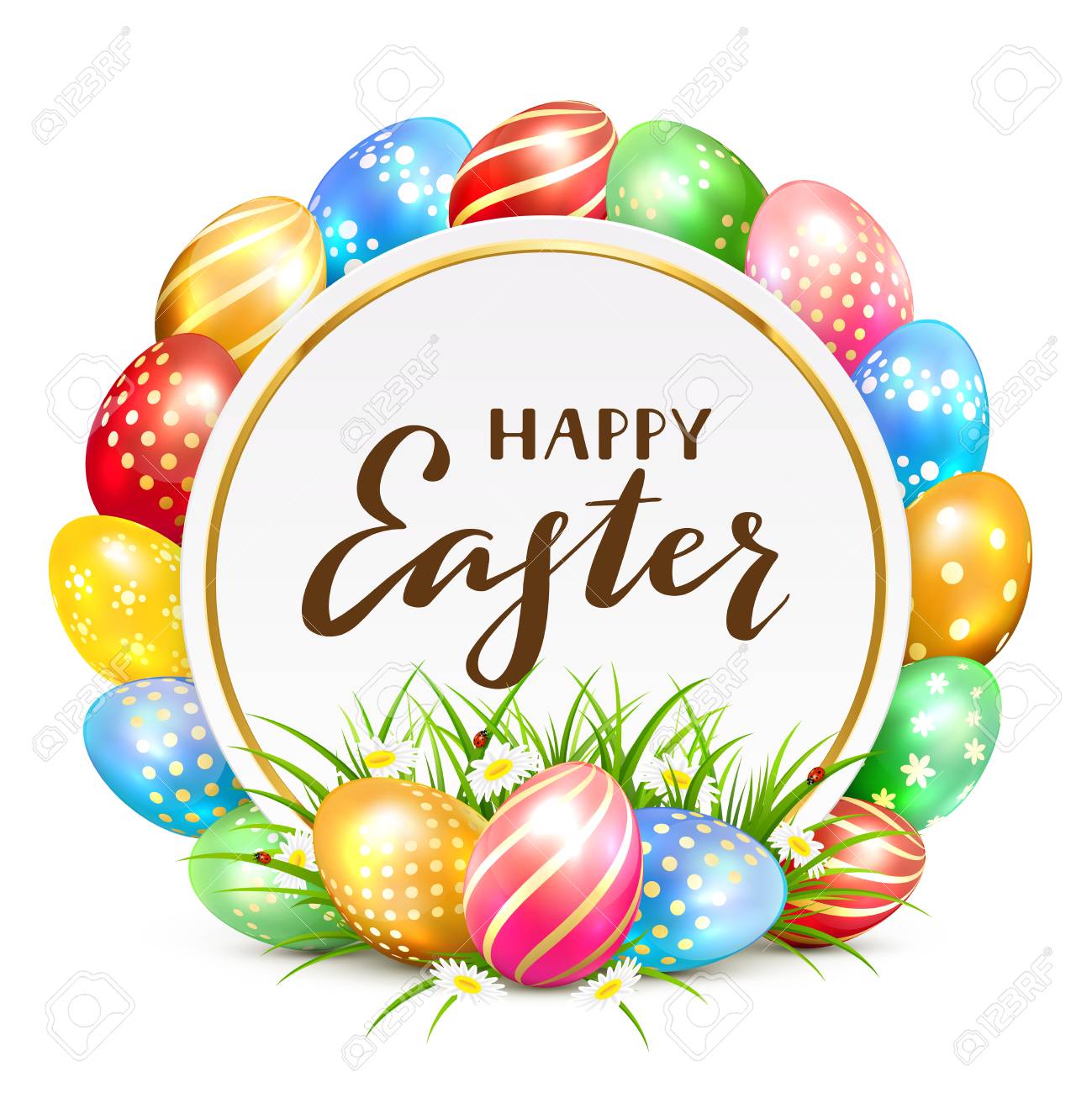 草と花とカラフルなイースターエッグ ラウンドカードとレタリングハッピーイースター イラスト のイラスト素材 ベクタ Image