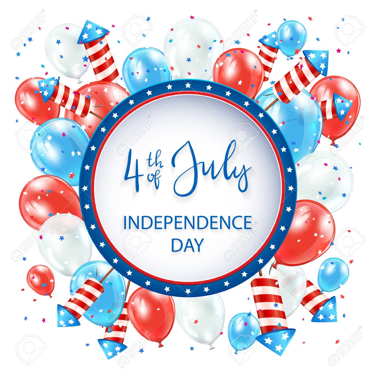 Text Independence Day 4th Of July With Round Banner, Balloons And Rocket  Fireworks On White Background, Illustration. Royalty Free SVG, Cliparts,  Vectors, and Stock Illustration. Image 101733823., image size:1300x1300
