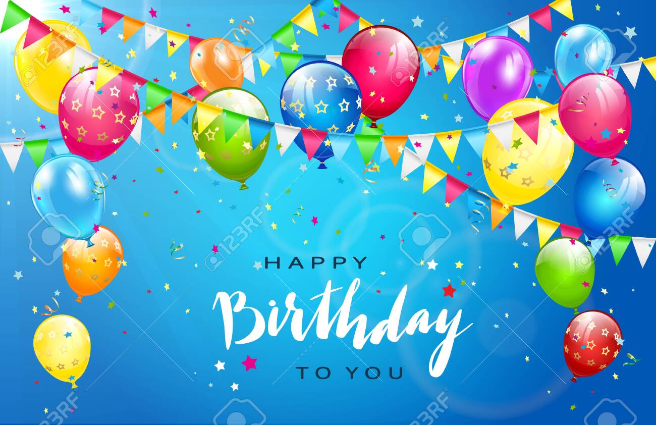 Lettering Happy Birthday on sunny blue background. Flying colorful balloons, multicolored pennants and confetti. Illustration can be used for holiday design, posters, cards, website, banners. - 146643447 Lettering Happy Birthday on sunny blue background. Flying colorful balloons, multicolored pennants and confetti. Illustration can be used for holiday design, posters, cards, website, banners. - 146643447