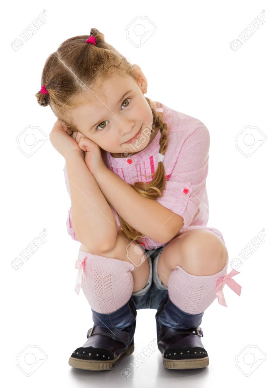 Gentle Little Green Eyed Girl With Blond Hair Braided In Pigtails