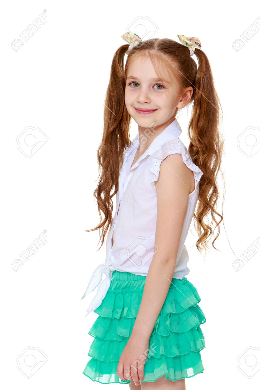 Skinny Little Girl With Long Hair Braided Into Ponytails Close Up Isolated