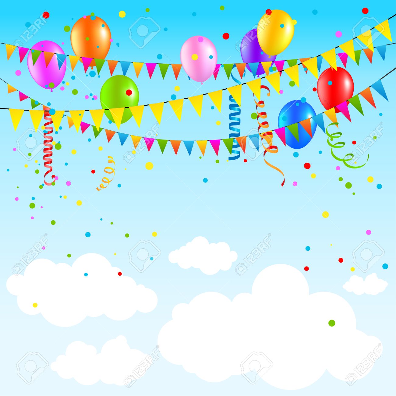 Balloons And Flags Birthday Background On Blue Sky. Place For Text ...