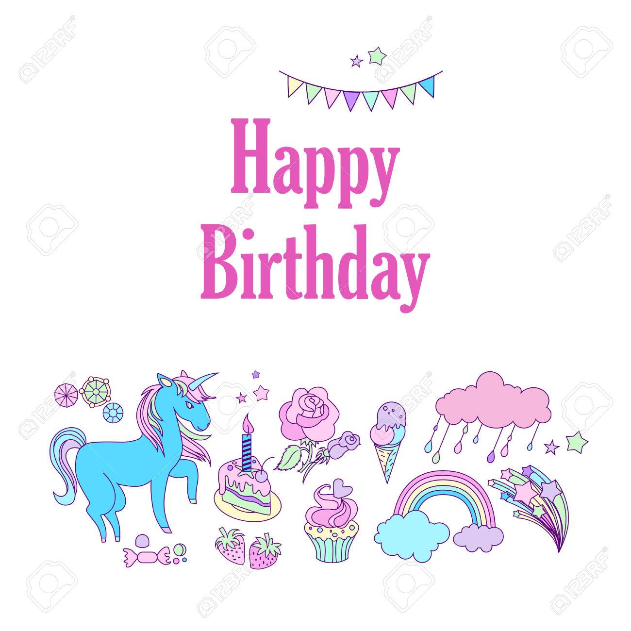 Carte De Fete De Joyeux Anniversaire Avec Drapeaux Etoiles Arc En Ciel Glaces Licorne Nuage Et Feux D Artifice Banque D Images Et Photos Libres De Droits Image