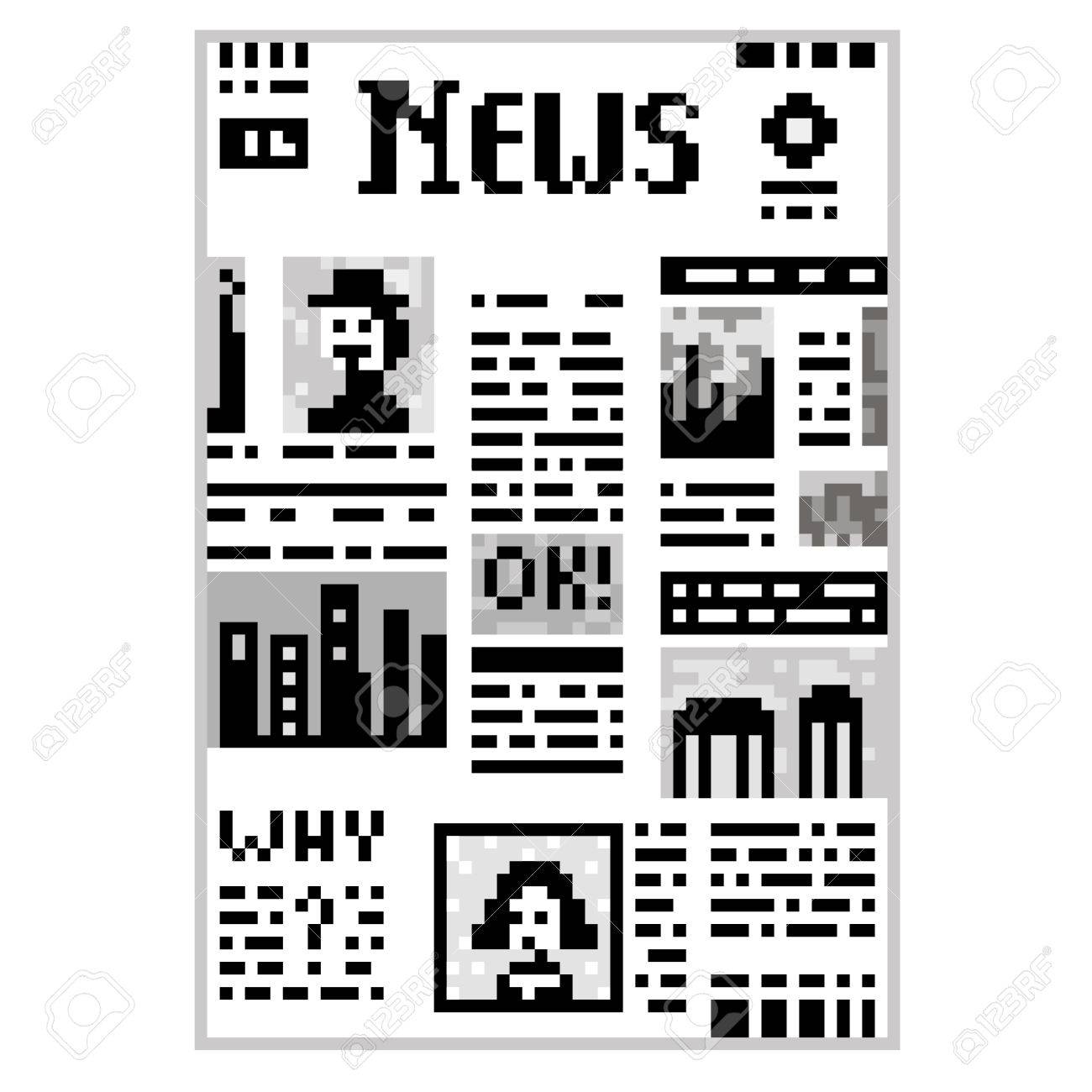 Funny Illustration Pixel Art 8 Bit Black And White Newspaper Isolated On Background With Lettering Funny Illustration Pixel Art 8 Bit Black And White Newspaper Isolated On Background With Lettering