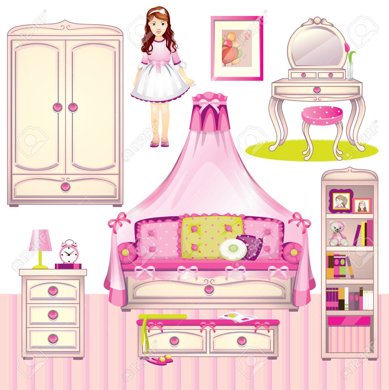 女の子の部屋のセットのイラスト素材 ベクタ Image