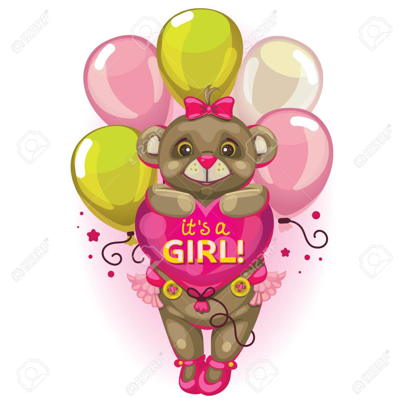 Petit Ours Brun Bebe Avec Un Coeur De Ballon Inscription Il Est Une Fille En Rose Carte Postale Et Element De Conception Pour Le Nouveau Ne Clip Art Libres De Droits Vecteurs
