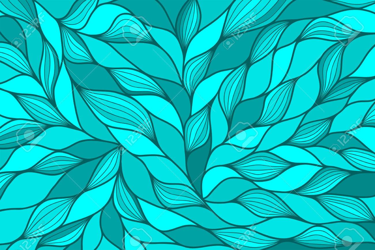 水平モダンな抽象的な背景の手には 波が描かれています 青 紺碧 セルリアン アクアマリン ターコイズ ブルー シアンの壁紙 波状の背景 海のモチーフ 手の描かれたパターン ベクトルの図 のイラスト素材 ベクタ Image