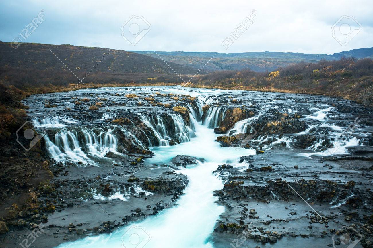 bruarfoss or waterfall bridge consists of numerous runlets falling waterfall bridge
