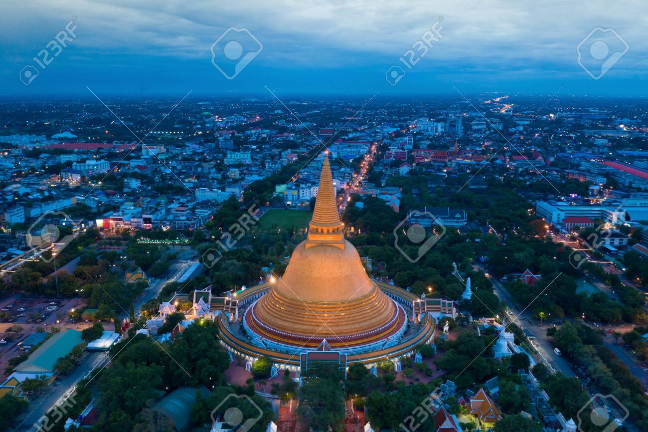 Aerial View Of Beautiful Gloden Pagoda At Sunset Phra Pathom Chedi Temple In Nakhon Pathom Province Thailand Stock Photo Picture And Royalty Free Image Image