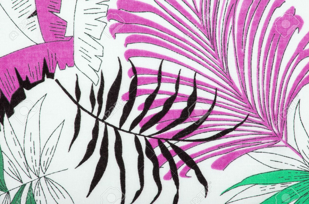 tropical leaves pattern on white fabric black with pink and stock
