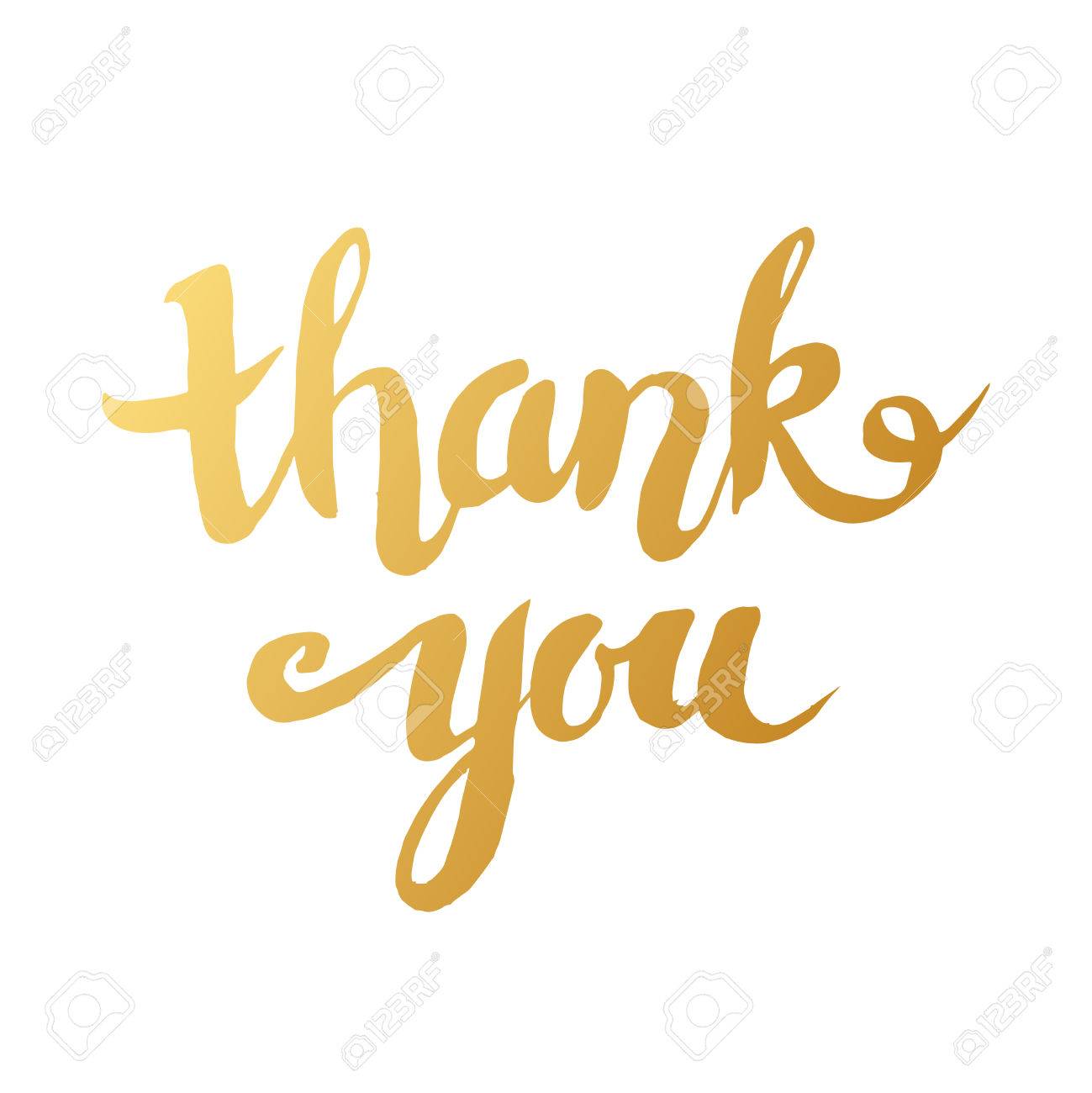hand drawn word thank you in gold color handwritten lettering