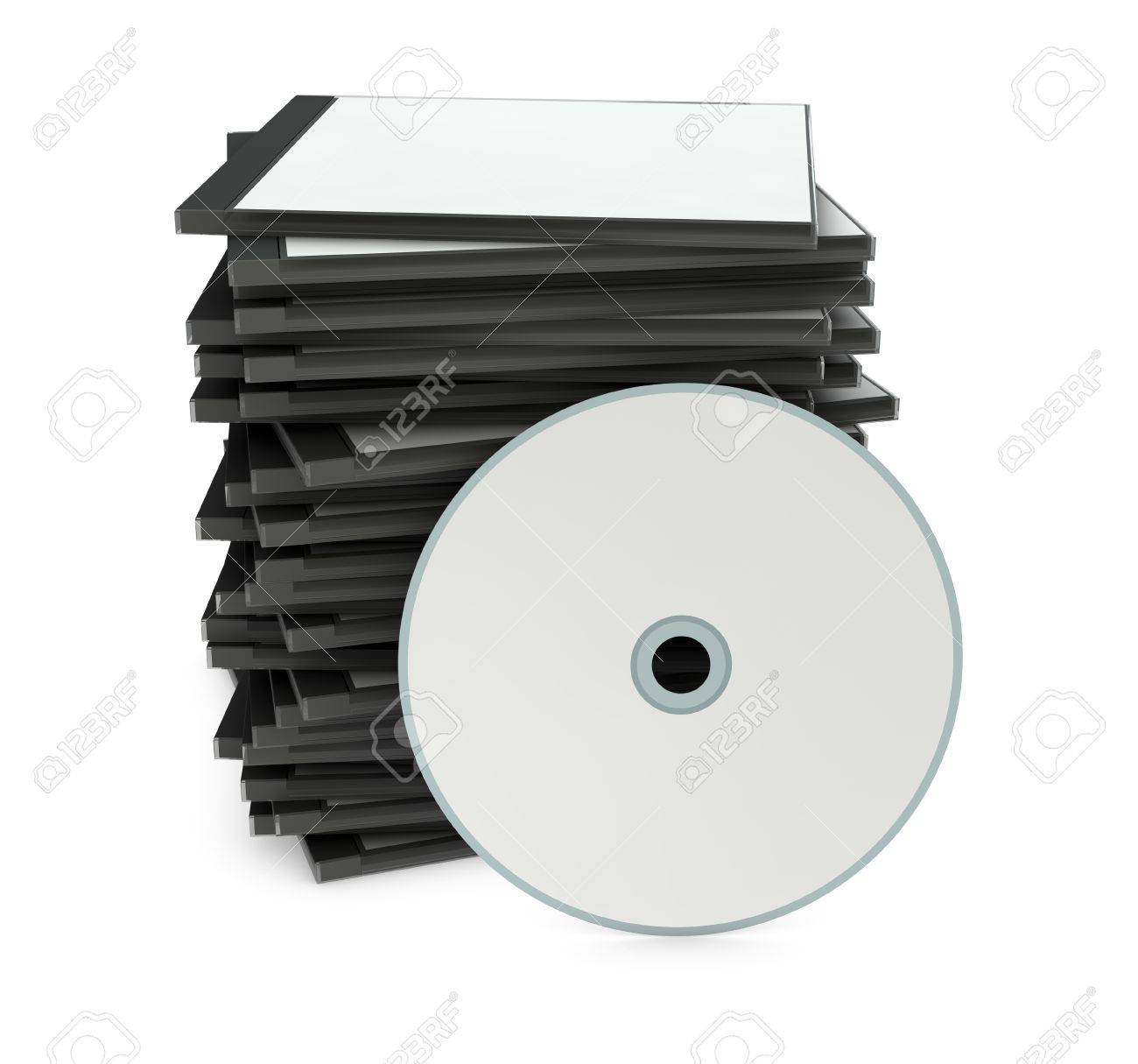 one pile of blank cd jewel cases with a disc on front 3d render blank cd cases