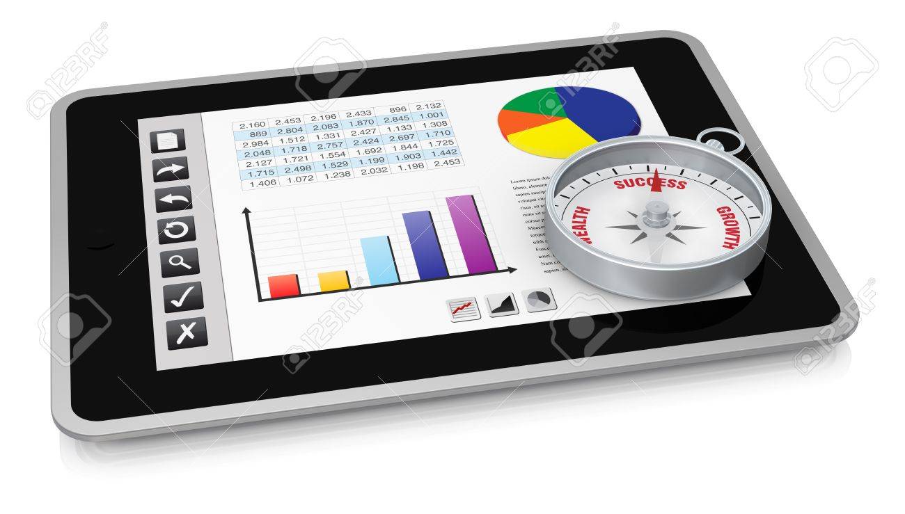 one tablet pc with a buttons interface, that shows a spreadsheet. there is a compass over the display (3d render) - 13409689 one tablet pc with a buttons interface, that shows a spreadsheet. there is a compass over the display (3d render) - 13409689