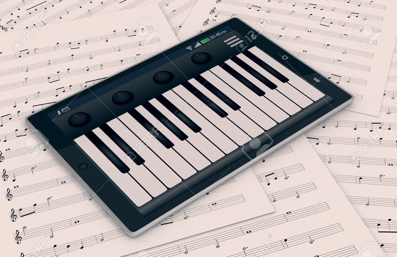 Closeup View Of A Tablet Pc With A Piano App And Some Sheets