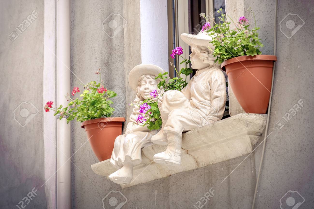 Windowsill Statues Children Background Flowerpots Balcony Window