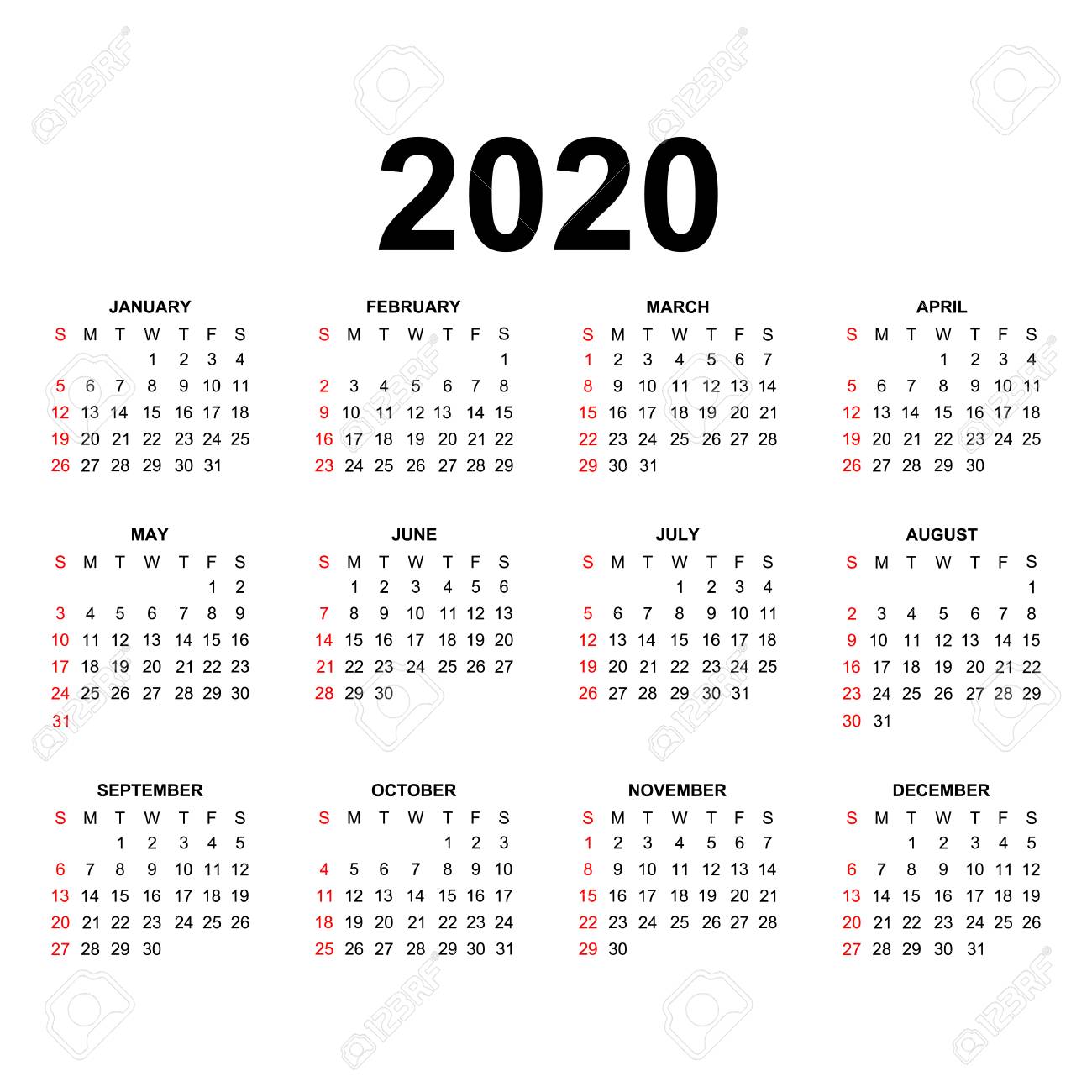 calendar 2020 template holidays in red colors week starts sunday free weekly calendar 2020