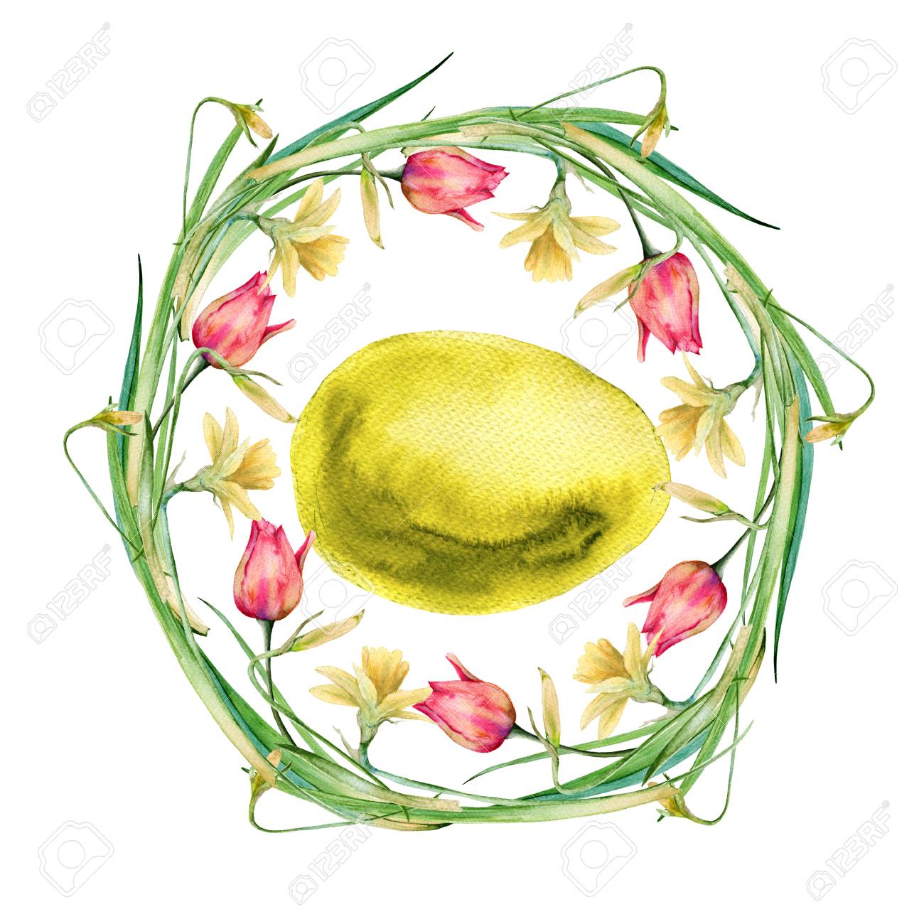 イースターエッグと花と小枝のイースターリース 白い背景に隔離されています 水彩画イラスト の写真素材 画像素材 Image