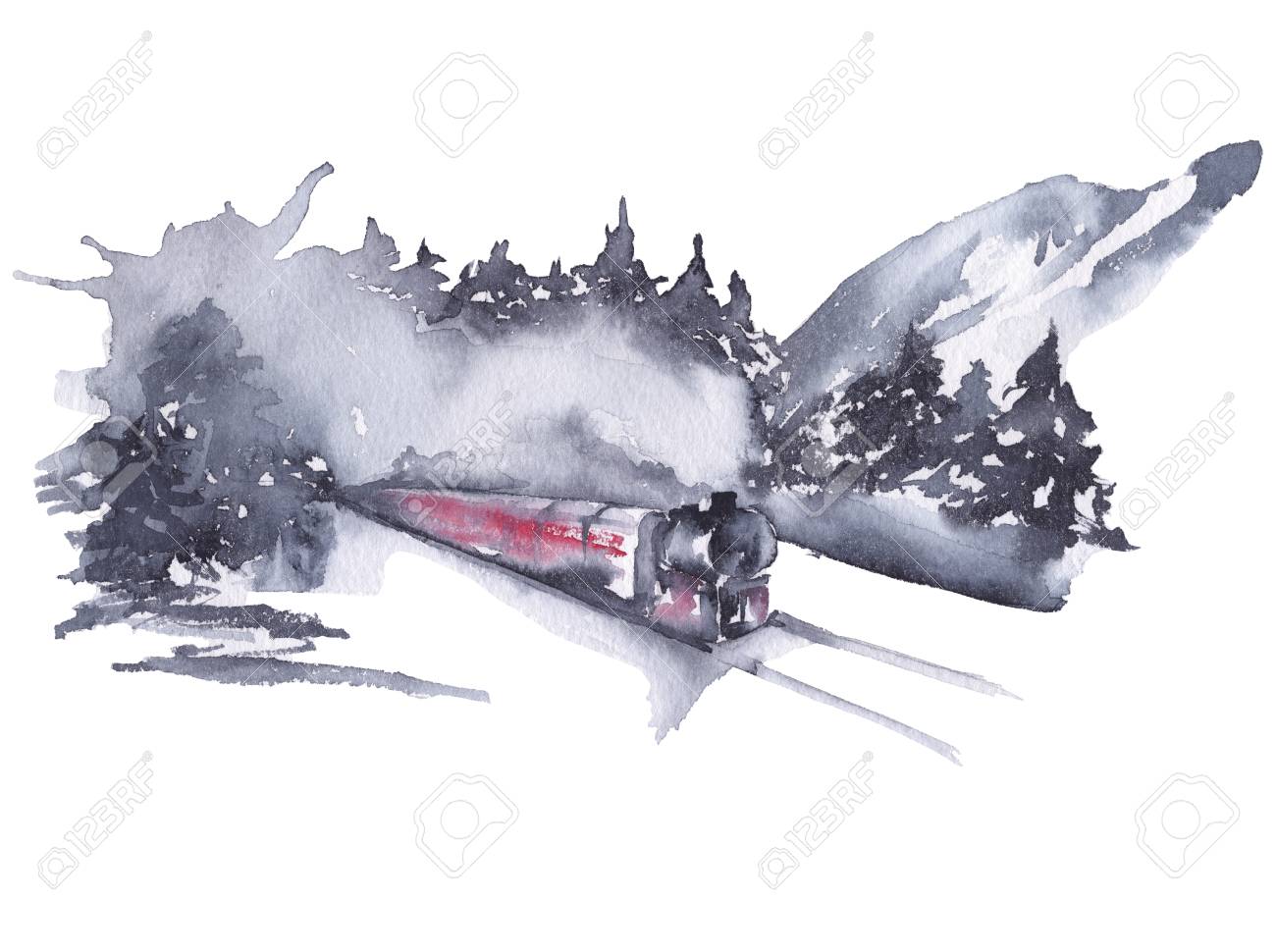 Siberia Mountain Nature Views With A Train Watercolor Illustration Stock Photo Picture And Royalty Free Image Image 101103579
