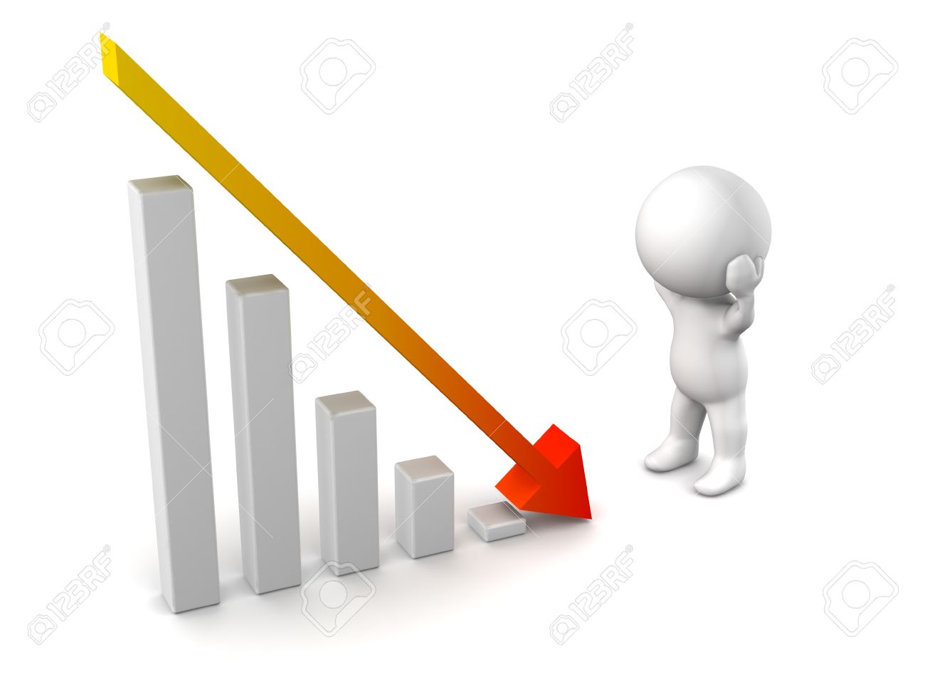 3d man stressed about profit loss a chart with a red arrow stock chart going down