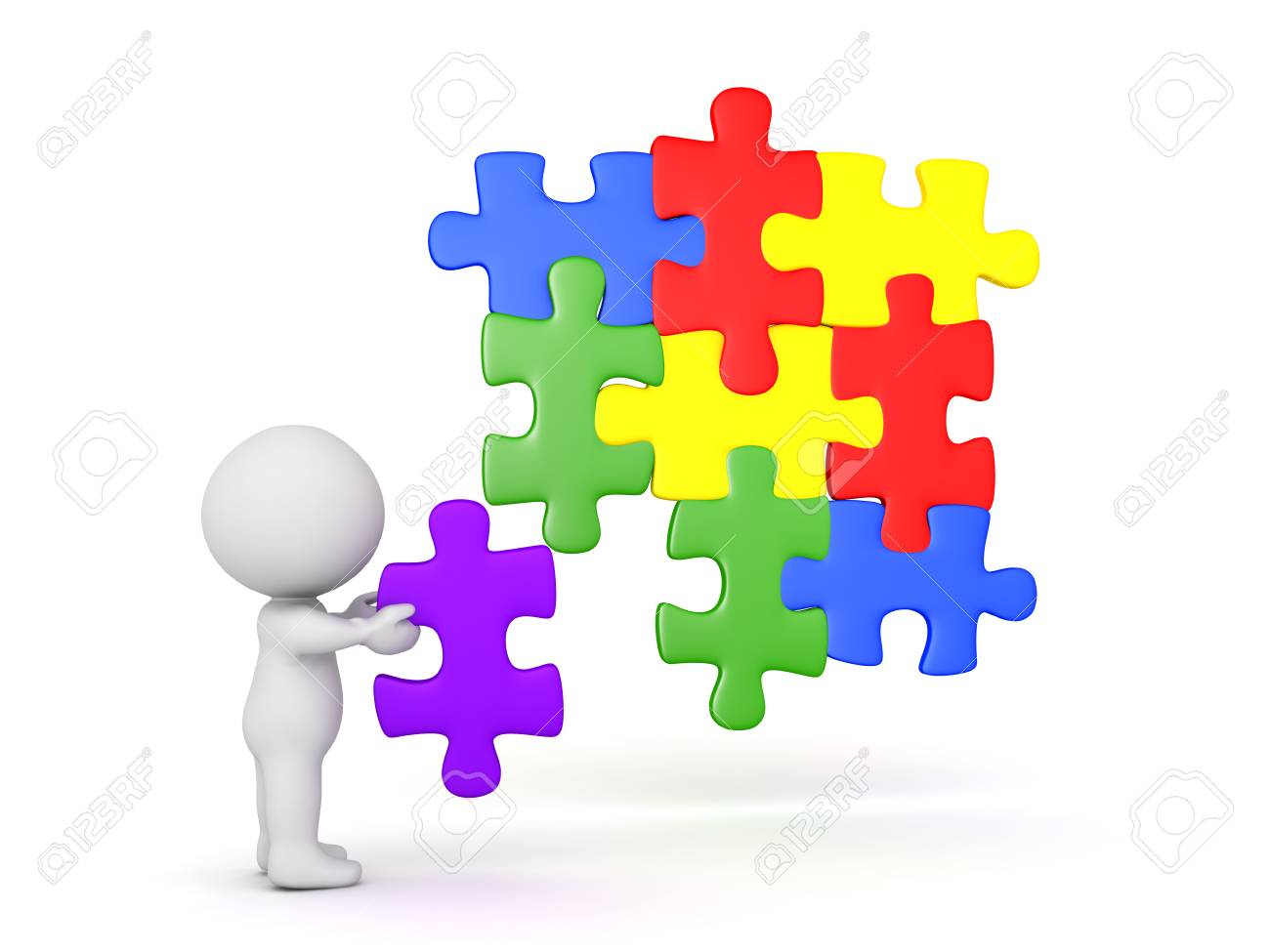3d character placing a puzzle piece into jigsaw puzzle the piece