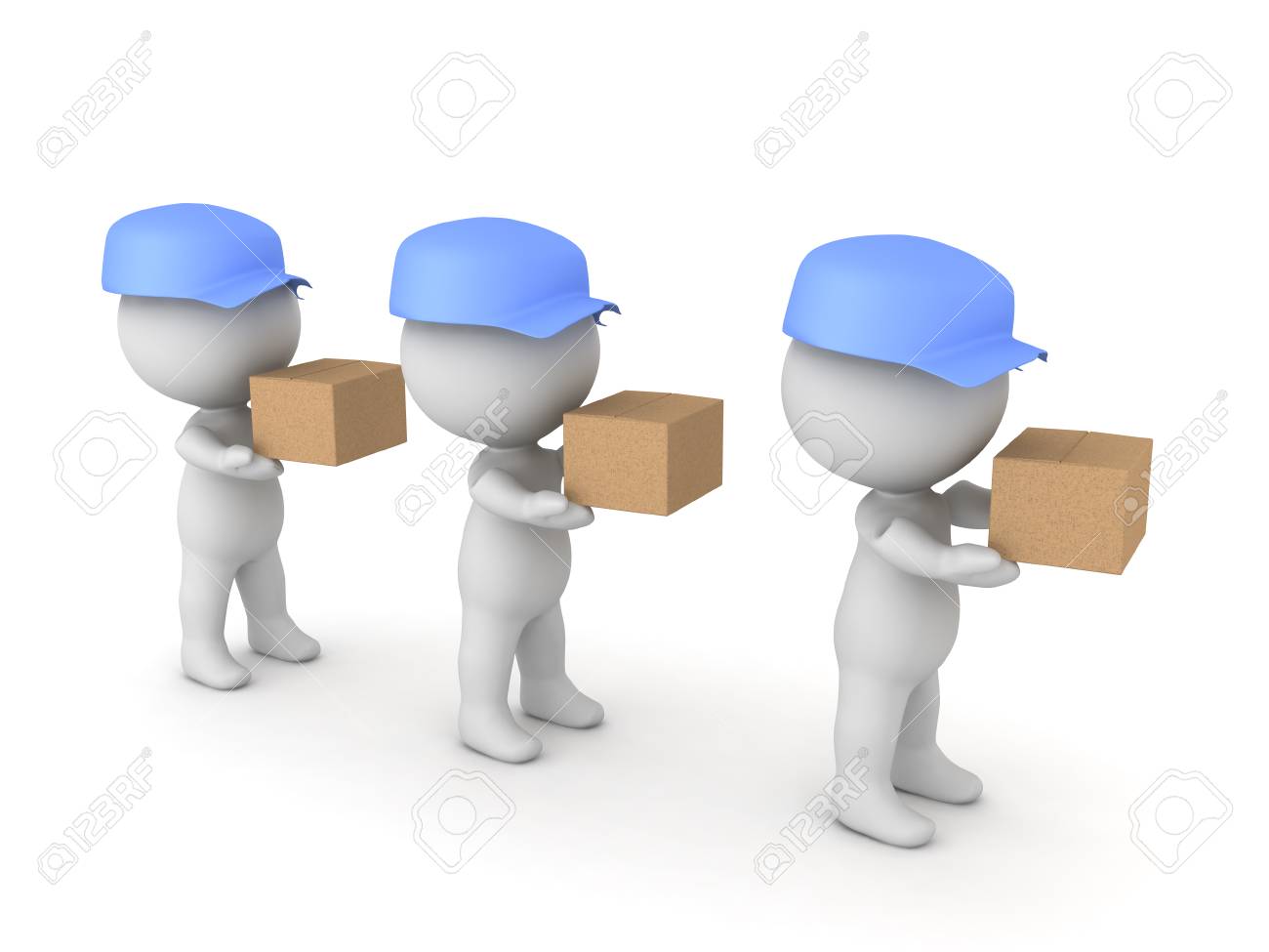 3D illustration of many deliverymen holding packages. They are holding cardboard boxes. - 76663003 3D illustration of many deliverymen holding packages. They are holding cardboard boxes. - 76663003