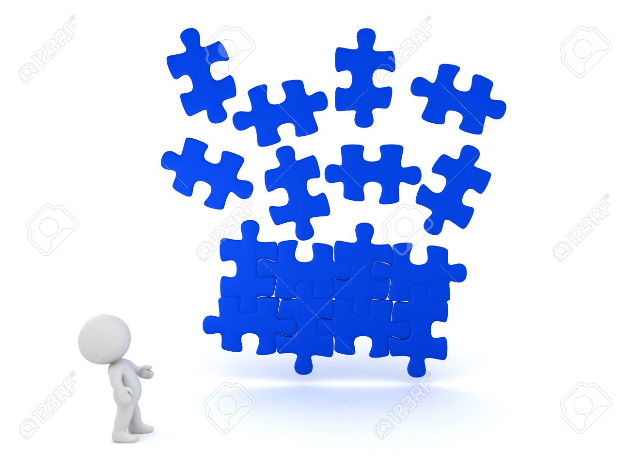 3d illustration of blue puzzle piece falling into place with stock