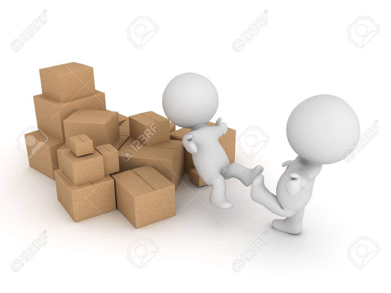 段ボール箱の山に 3 D キャラクターを蹴った 白で隔離 の写真素材 画像素材 Image
