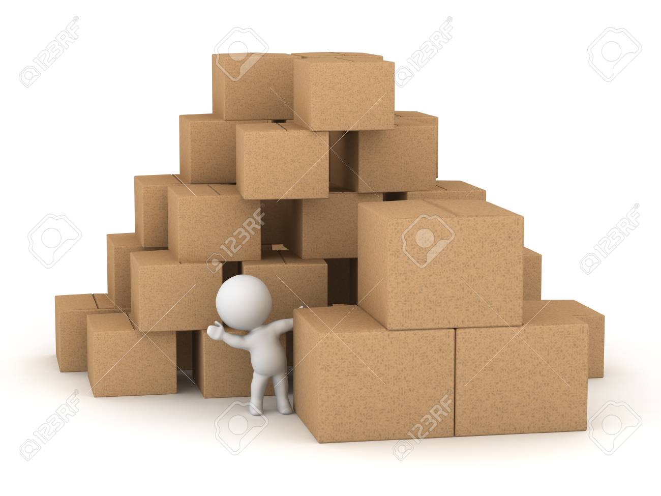 段ボール箱の大規模なスタックを持つ 3 D キャラクター 白い背景上に分離 の写真素材 画像素材 Image
