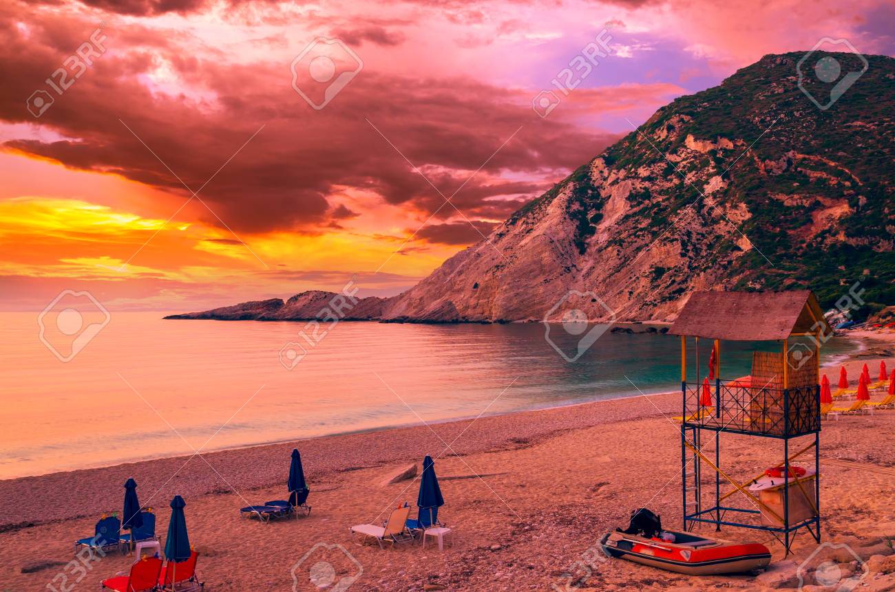 Sunset Over Petani Beach, Kefalonia Island, Greece. View Of Petani Bay And  Beautiful Beach, Kefalonia Island, Greece. Stock Photo, Picture and Royalty  Free Image. Image 118918431.
