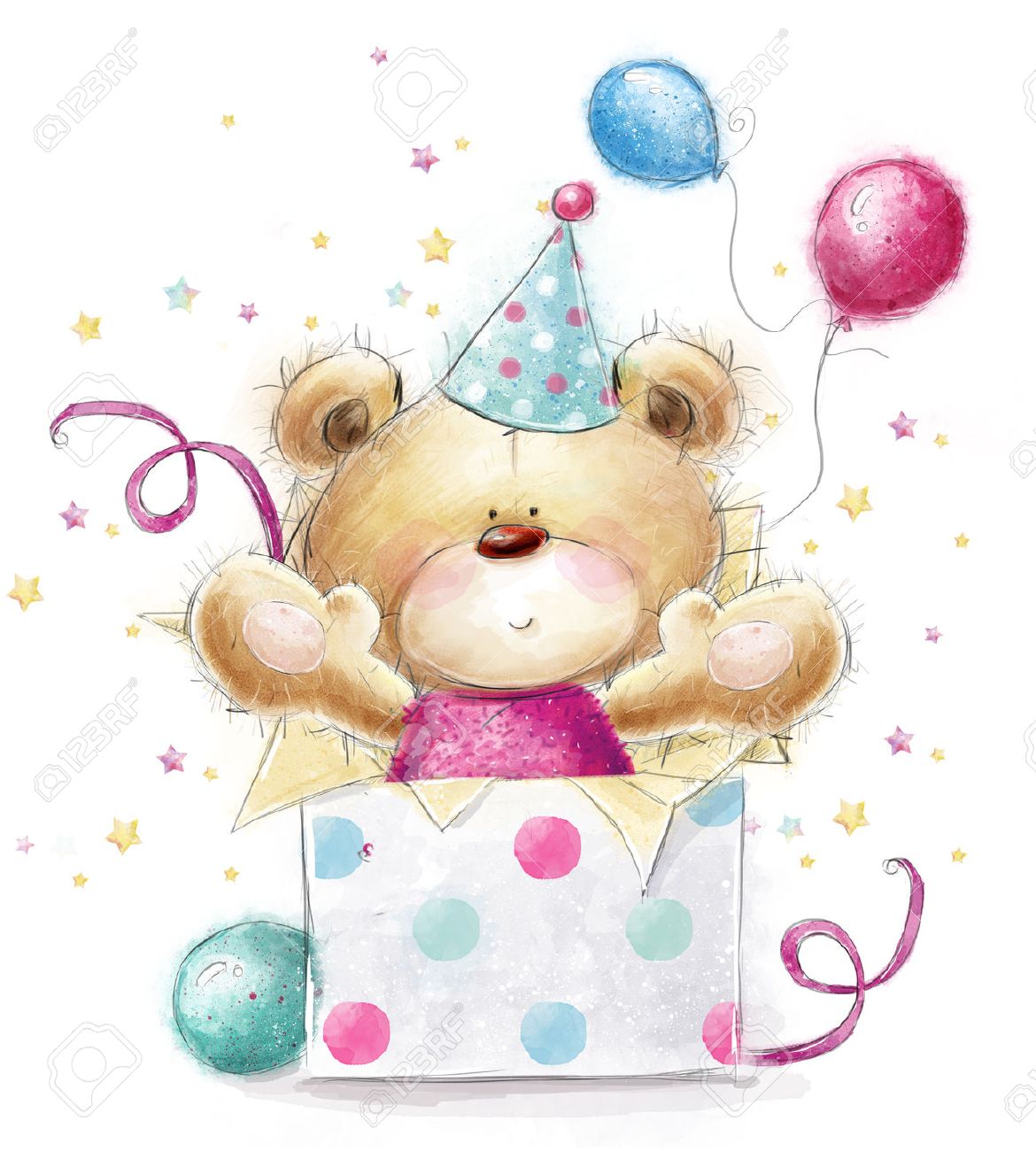 Teddy Bear With The Gift Childish Illustration In Sweet Colors Background With Bear And Gifts And Balloons Hand Drawn Teddy Bear Isolated On White Background Happy Birthday Card Stock Photo Picture And Royalty Free