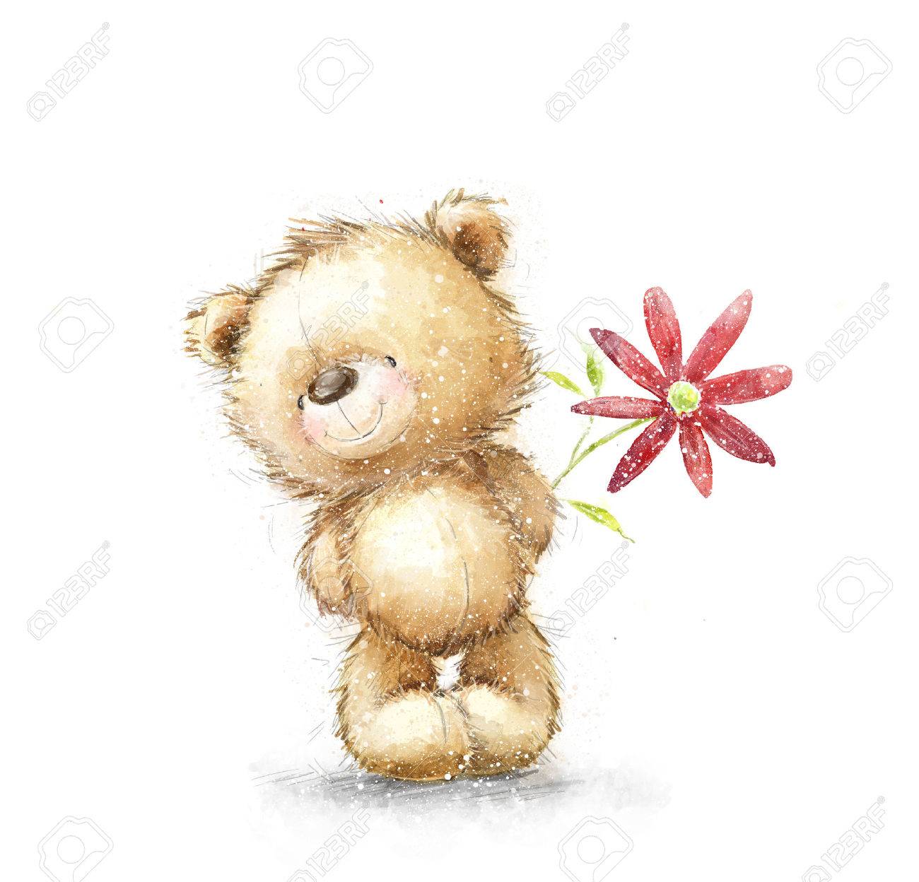 赤い花とかわいいテディベア クマと花の背景 手描き下ろしテディー ベアは 白い背景で隔離 バレンタインのグリーティング カード デザインが大好きです 愛しています 誕生日グリーティング カード の写真素材 画像素材 Image