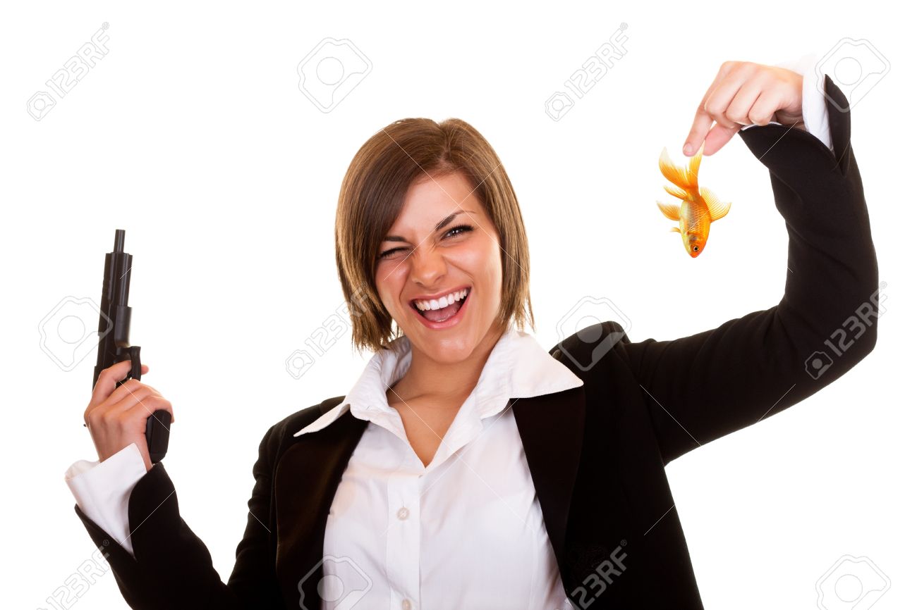 Young Happy Woman Holding One Gold Fish And Gun Stock Photo