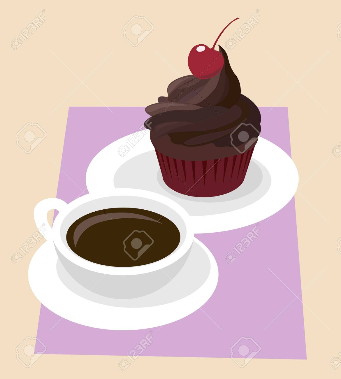 Dunkle Schokolade Kuchenglasur Mit Kirsche In Rotem Papier Fall Schwarzer Kaffee In Weissen Tasse Cafe Fruhstuck Vektor Illustration Lizenzfrei Nutzbare Vektorgrafiken Clip Arts Illustrationen Image 68605389