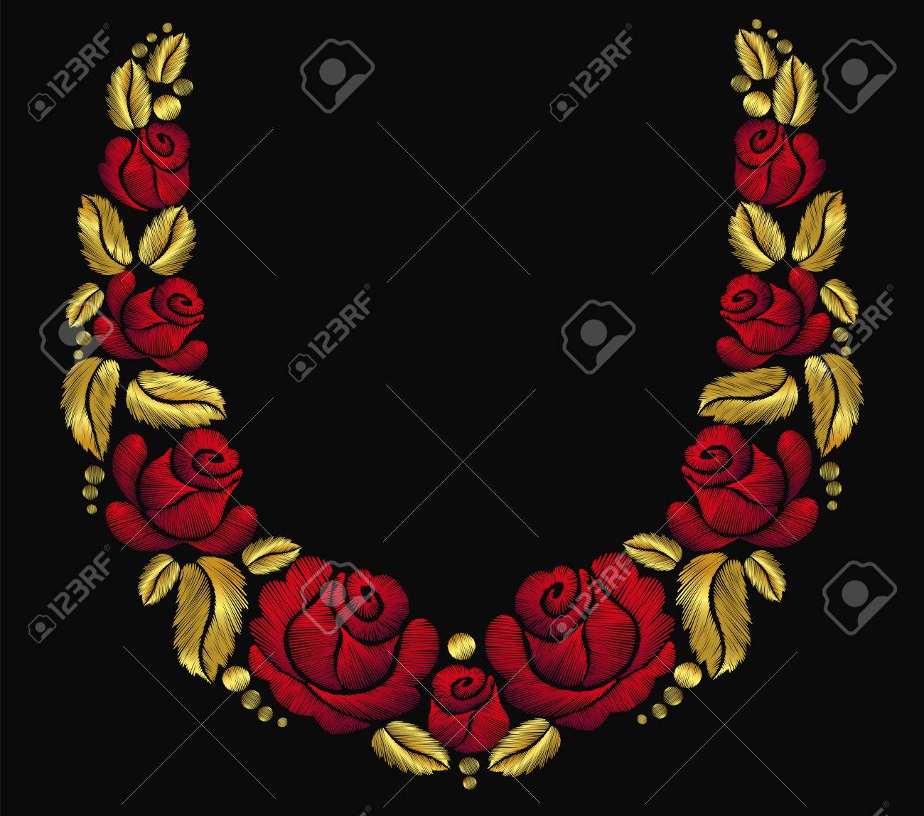 Embroidery flower necklace traditional ornament decoration roses leaves rich glowing golden gold design vector illustration vintage retro style design - 69474344 Embroidery flower necklace traditional ornament decoration roses leaves rich glowing golden gold design vector illustration vintage retro style design - 69474344