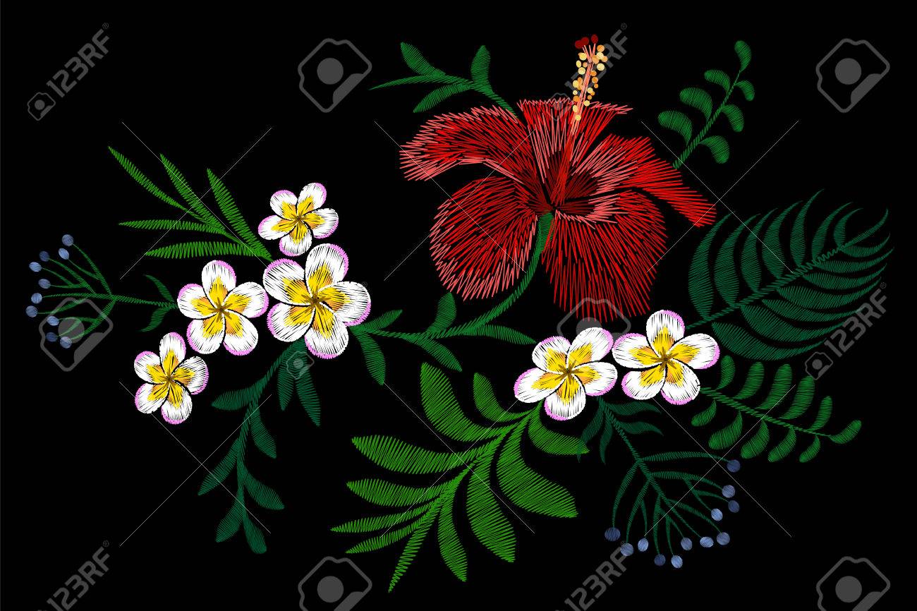 ハワイ花刺繍配置パッチ ファッション印刷装飾プルメリア ハイビスカス シュロを葉します 熱帯エキゾチックな咲く花束ベクトル イラスト のイラスト素材 ベクタ Image 7776