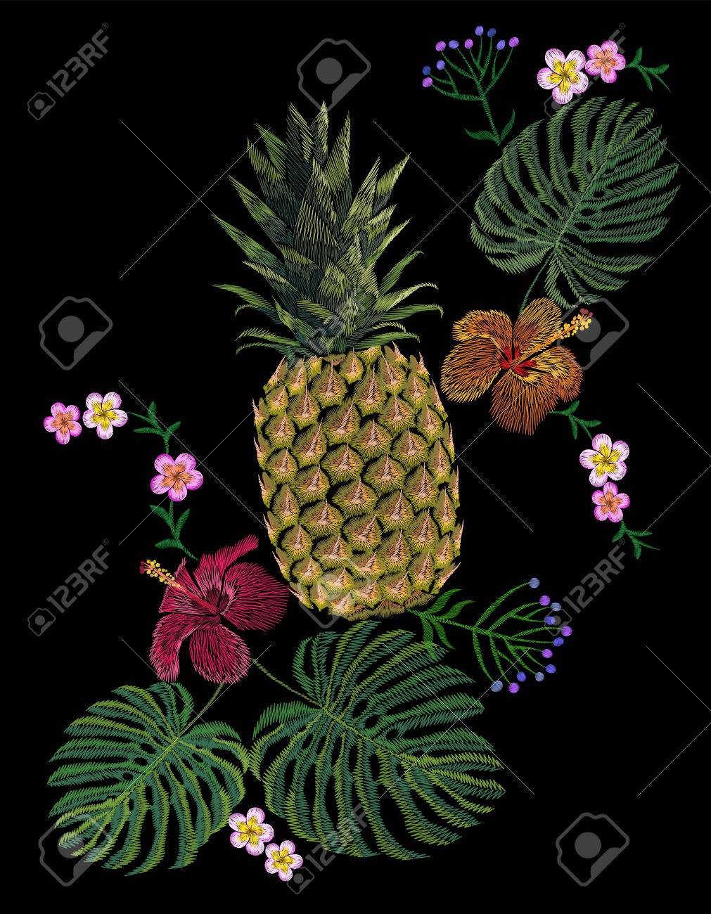 刺繍のエキゾチックな黄色いパイナップル フルーツ モンステラの葉の