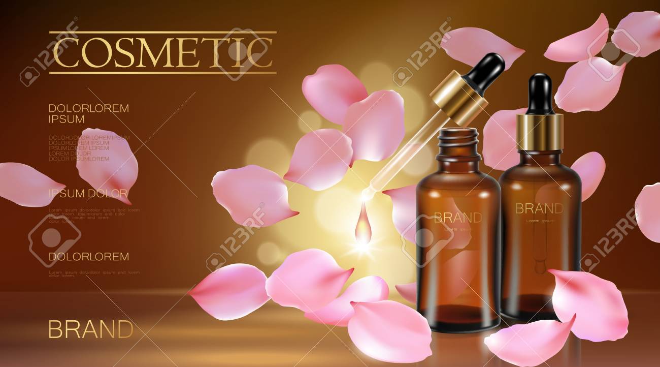 3 D リアルな花自然オーガニック化粧品広告 ローズ ピンク花弁茶色ガラス血清エッセンス オイル液滴フェイスケア ボトル ピペット黄金のプロモーション ポスター テンプレート ベクトル図のイラスト素材 ベクタ Image 1003