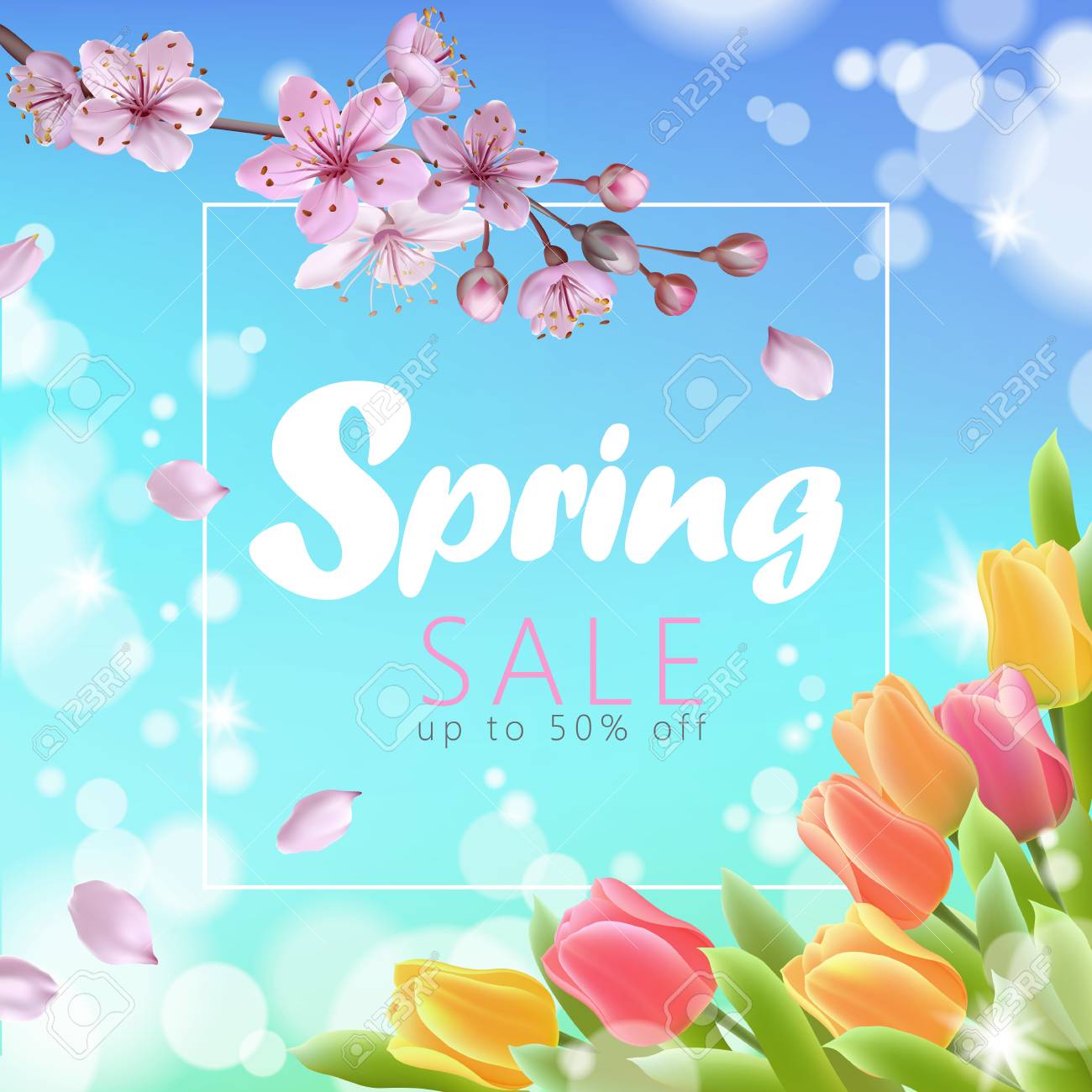 現実的な3d春の販売スクリプトレタリングウェブバナーテンプレート カラーピンク桜桜チューリップ花青空風景 背景デザインショップスクエアソーシャルポスターベクトルイラストアート のイラスト素材 ベクタ Image