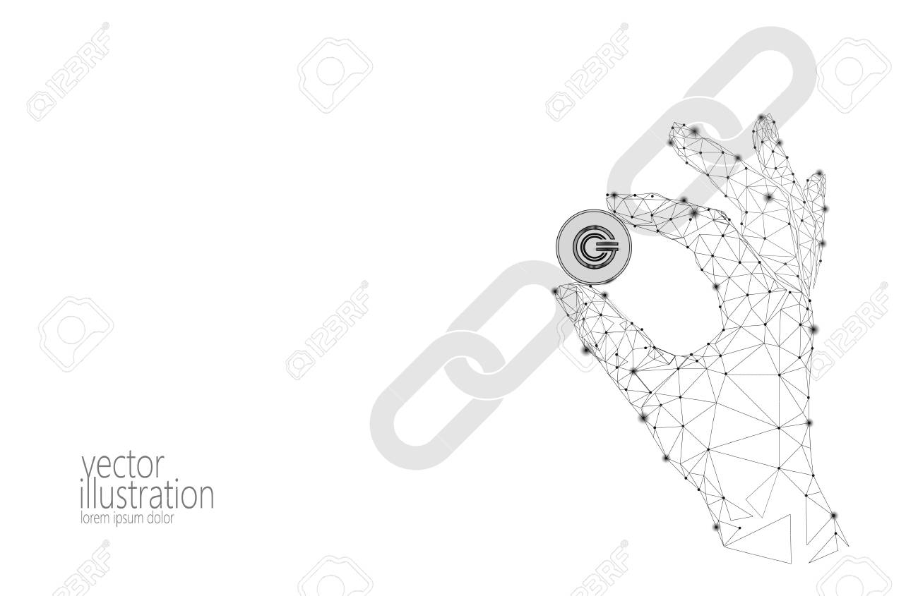 グローバル暗号通貨GCCコインブロックチェーンリンクローポリハンド。ポリゴン幾何学3dレンダリングポイントライブデジタル電子バンキング未来イノベーションビジネステクノロジーベクトルイラストのイラスト素材・ベクター  Image 95409492