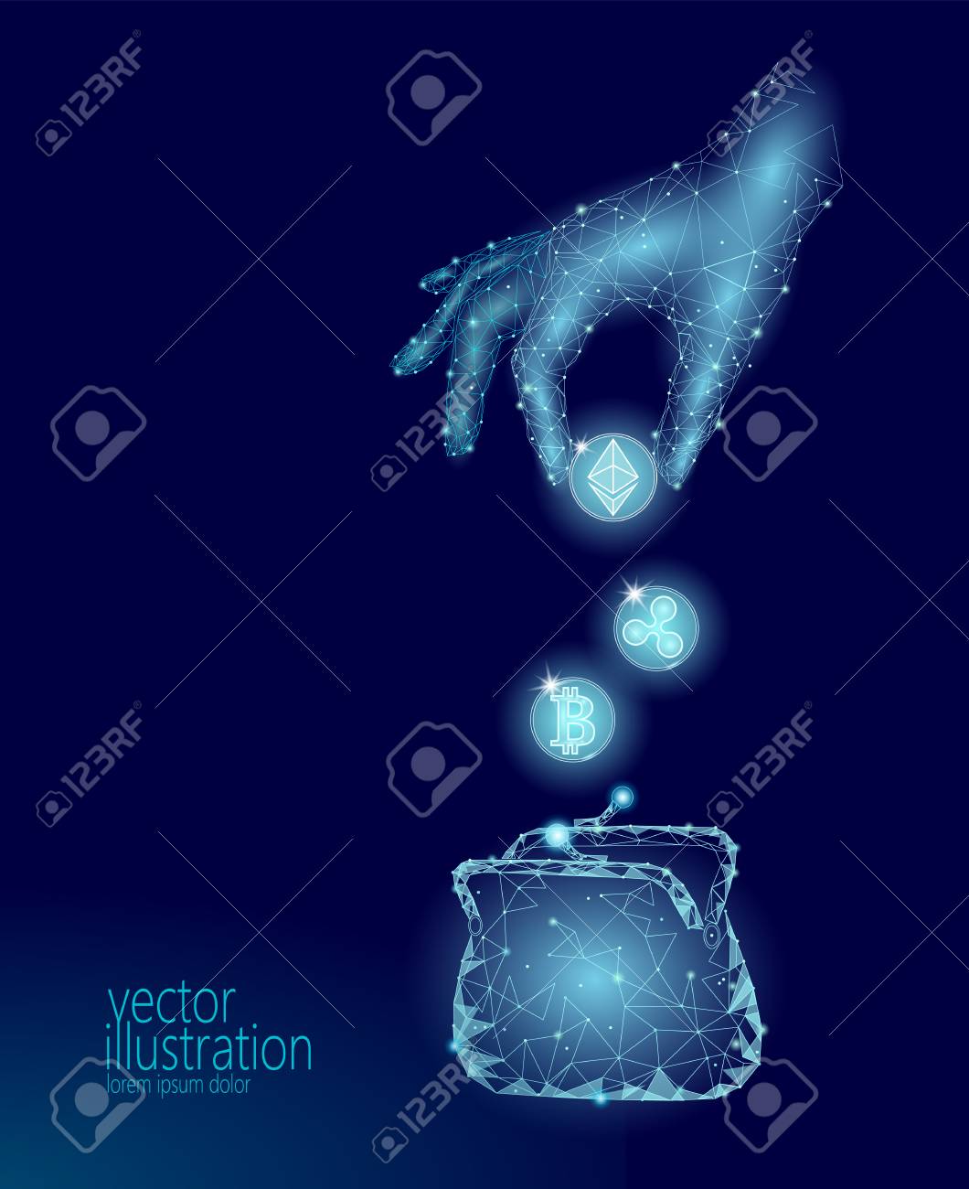 낮은 폴리 핸드는 이더 리움 코인 비트 코인 리플 암호 화폐 지갑을 넣습니다. 미래의 전자 상거래 디지털 국제 금융 은행 기술 마이닝  블록 체인. 푸른 공간 3d 벡터 일러스트 레이 션 로열티
